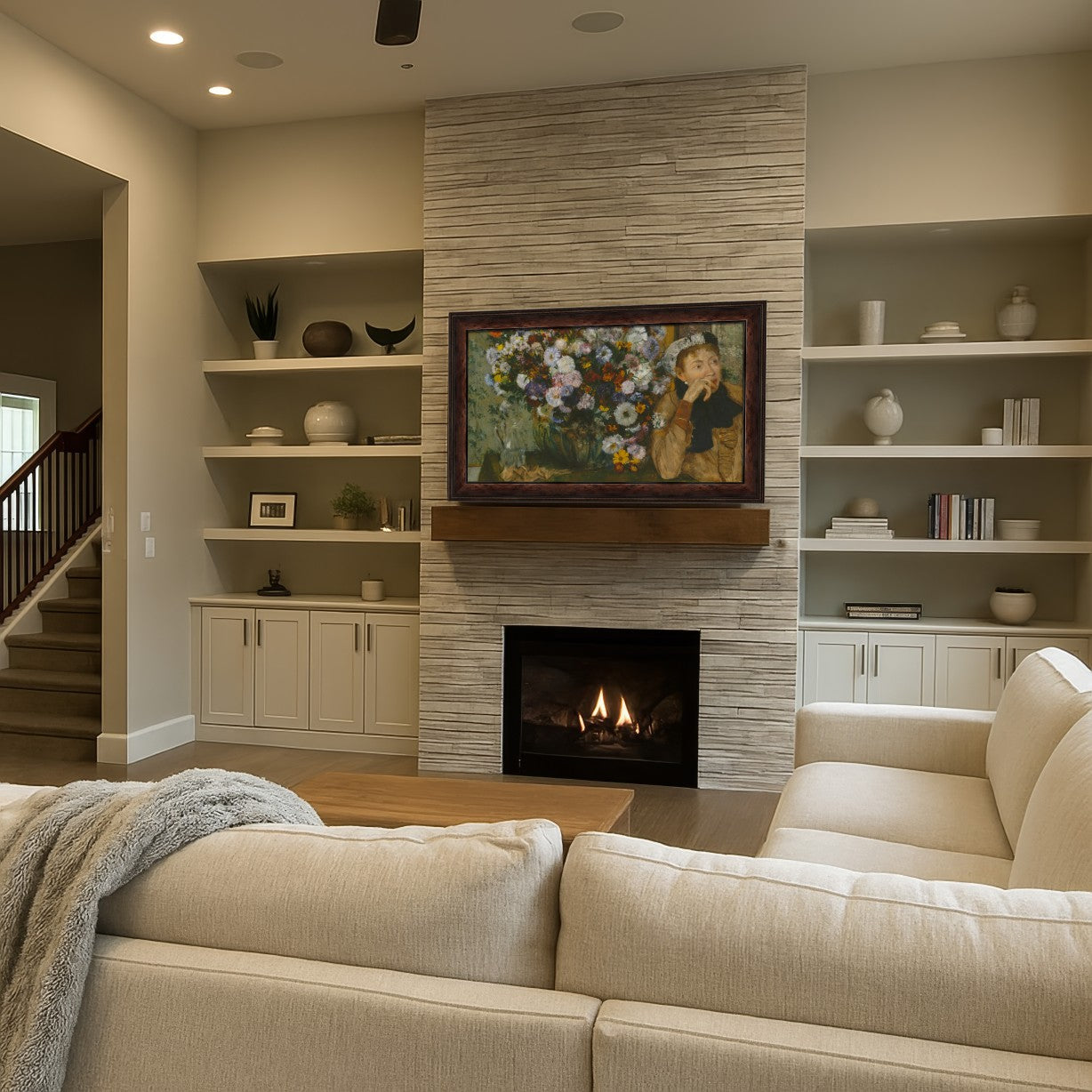 A Samsung Frame TV with a burlwood frame