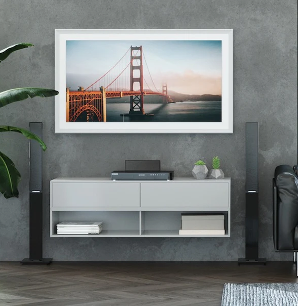 A Samsung Frame TV with a gorgeous photo of the Golden Gate Bridge.