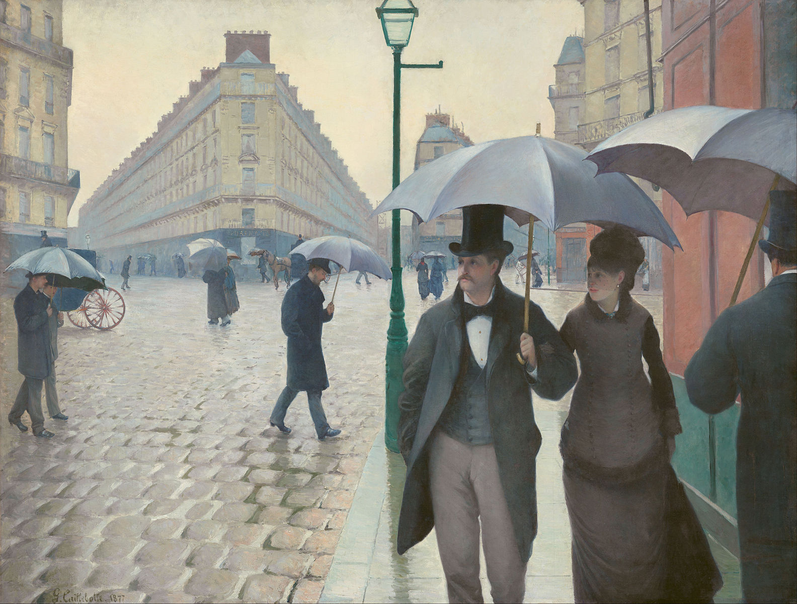 "Rainy Day, Paris Street" by Gustave Caillebotte uses muted colors to draw our eye to the subjects.