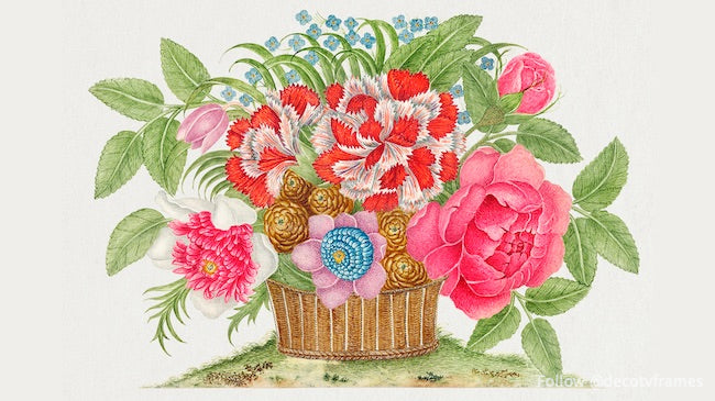 L'illustration du XVIIIe siècle d'un panier de fleurs épanouies 