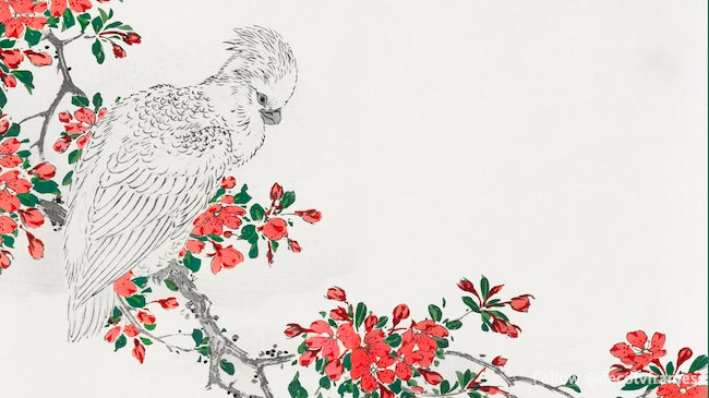 Parrot and Pyrus spectabilis illustration from Pictorial Monograph of Birds (1885)