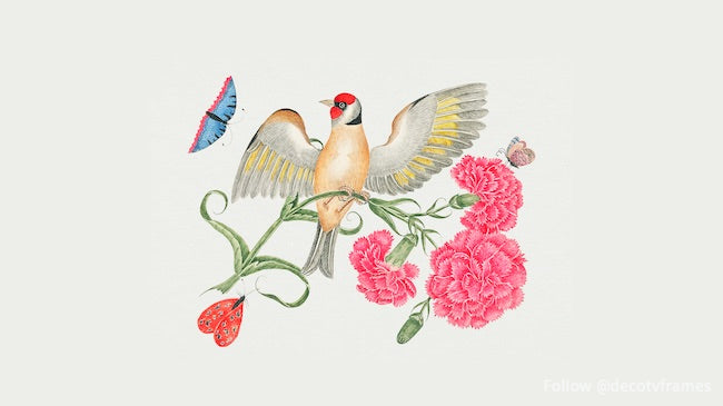 L&#39;illustration du XVIIIe siècle d&#39;un oiseau brun à tête rouge sur une tige d&#39;œillet avec des papillons 
