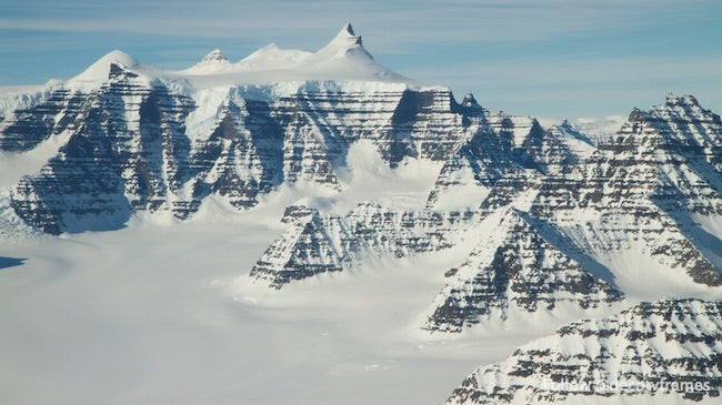 Mountain ridges showing the distinctive geology of the Geikie Plateau region in eastern Greenland